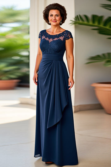Fourreau bleu marine à col rond à volants longue Robe mère de la mariée avec dentelle